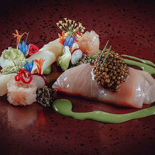 Japanese Hamachi with osciètre prestige caviar, white asparagus, lettuce and Piedmont Hazelnut. A feast for the senses!...